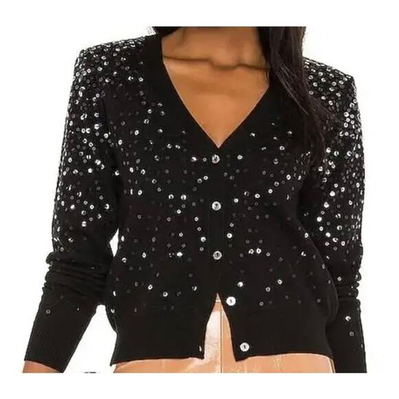 Cinq à Sept Sweaters - Cinq a Sept Nancy Sequin Cropped Cardigan Sweater Black Party Luxury Glam Small